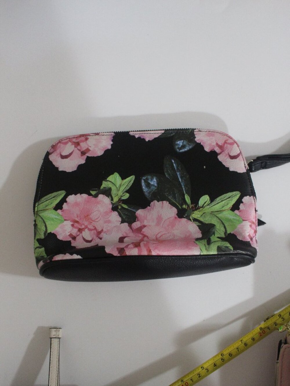 Betsey Johnson Black & Pink Floral Wristlet with Front Zip Pocket